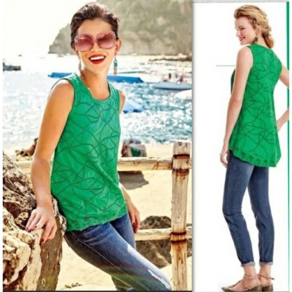 CAbi Style 5036 Gemma Top in Green w/ Tank Embroidered Eyelet Sz Medium - Picture 1 of 6